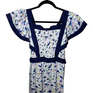 Briton Court Toucan Maxi Dress Flutter Sleeve Smocked Cotton NWT Small